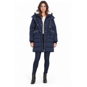 OROLAY Navy Hooded Down Puffer Parka Orange Lining Utility Pockets Womens XS